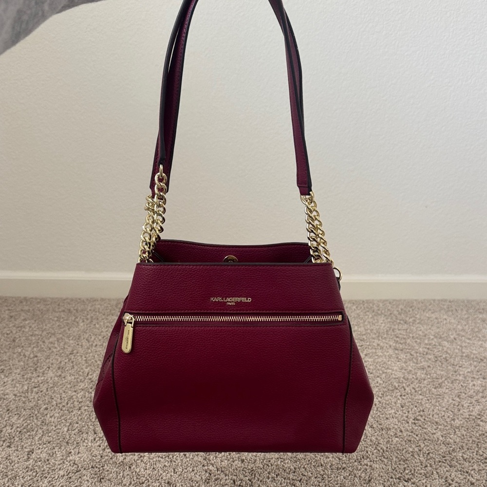 Karl Lagerfeld Deep Red Shoulder Bag with Gold Chain